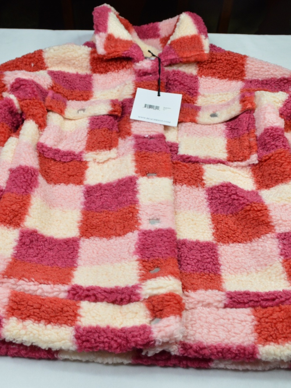 $225 Beach Riot Women's Pink Faux Sherpa Laurie Check Teddy Jacket Coat Size XS